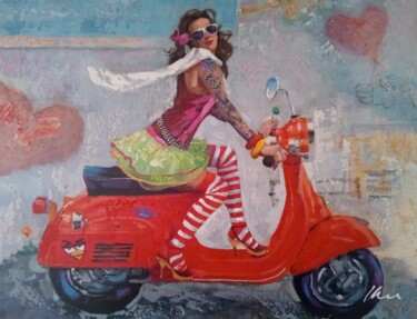 Peinture intitulée "Woman on red Vespa…" par Filip Petrovic, Œuvre d'art originale, Huile