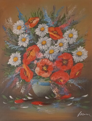 Painting titled "Flowers poppies and…" by Filip Petrovic, Original Artwork, Oil