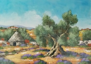 Schilderij getiteld "Olive tree and ston…" door Filip Petrovic, Origineel Kunstwerk, Olie