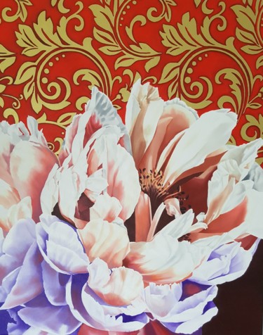 Painting titled "PEONIES WITH GOLD A…" by Luigi Maria De Rubeis, Original Artwork, Oil