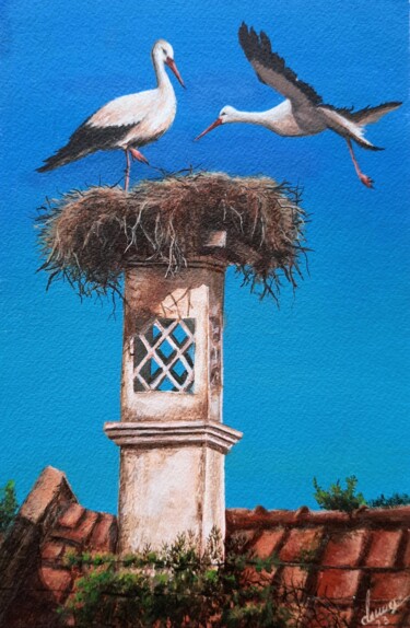 Картина под названием "Stork Nest" - Fineartderya, Подлинное произведение искусства, Акрил