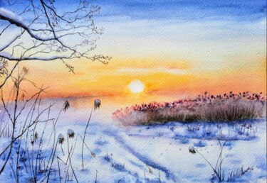 Schilderij getiteld "Winter Sunset" door Fineartderya, Origineel Kunstwerk, Aquarel