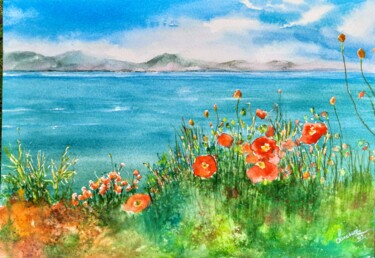 "Poppies by the Beach" başlıklı Tablo Fineartderya tarafından, Orijinal sanat, Suluboya