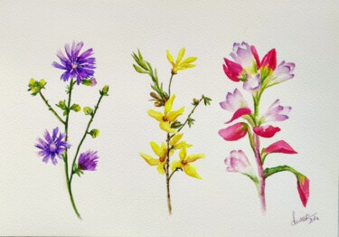 Painting titled "Flowers on stone" by Fineartderya, Original Artwork, Watercolor