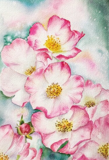 Schilderij getiteld "Watercolor wild rose" door Fineartderya, Origineel Kunstwerk, Aquarel