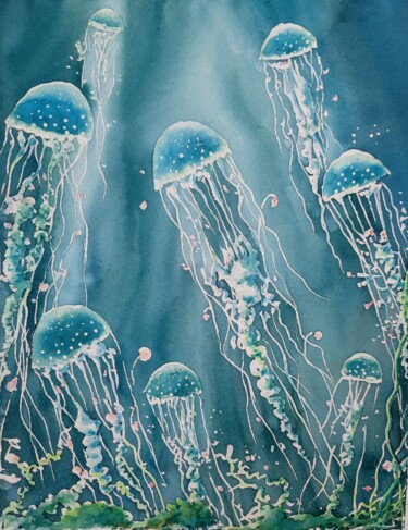 Pintura intitulada "Watercolor jellyfish" por Fineartderya, Obras de arte originais, Aquarela