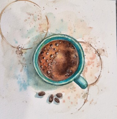 Картина под названием "Enjoying coffee and…" - Fineartderya, Подлинное произведение искусства, Акварель