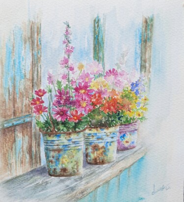 Painting titled "Rustic flower pots" by Fineartderya, Original Artwork, Watercolor