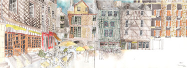 Dessin intitulée "Rennes, place Saint…" par Studio Figi, Œuvre d'art originale, Aquarelle