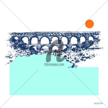 Drawing titled "Pont du Gard" by Studio Figi, Original Artwork, Gel pen