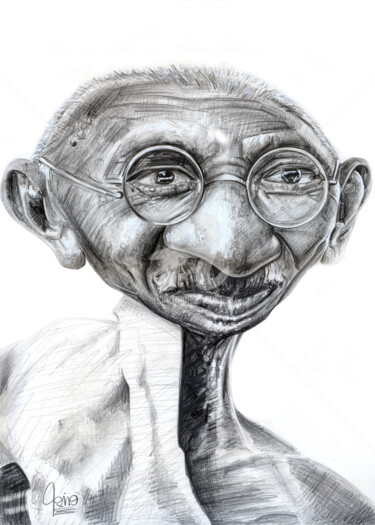 Disegno intitolato "Gandhi" da Flávio Miranda, Opera d'arte originale, Grafite