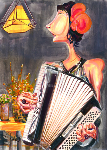 Pintura titulada "ACCORDION PLAYER WI…" por Flávio Miranda, Obra de arte original, Gouache