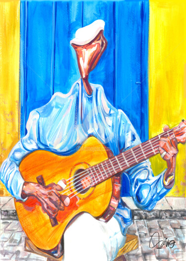 Painting titled "“VIOLÃO NA CALÇADA”…" by Flávio Miranda, Original Artwork, Gouache