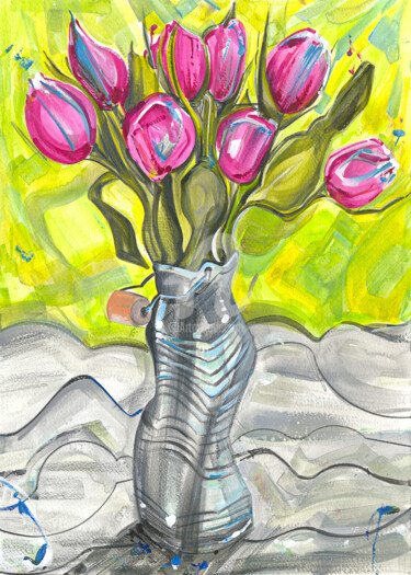 Malerei mit dem Titel "Tulipas Hybridas" von Flávio Miranda, Original-Kunstwerk, Gouache