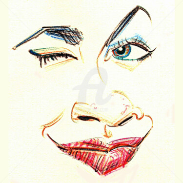 Tekening getiteld "Female Wink" door Flávio Miranda, Origineel Kunstwerk, Potlood