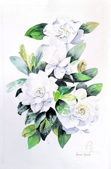 Painting titled "Gardénia" by Florence Mignot, Original Artwork, Watercolor