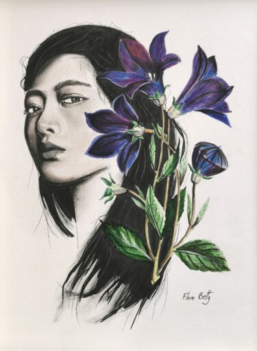 Painting titled "Portrait aux fleurs…" by Flore Betty, Original Artwork, Watercolor Mounted on Plexiglass