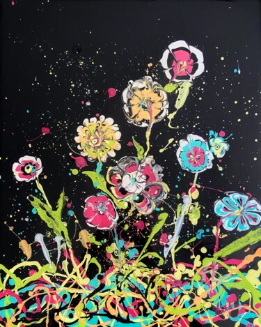 "POP FLOWERS" başlıklı Tablo Florence Autelin tarafından, Orijinal sanat, Akrilik Ahşap Sedye çerçevesi üzerine monte edilmiş