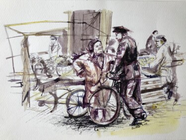 Painting titled "Le marché" by Florence Gillot, Original Artwork, Ink