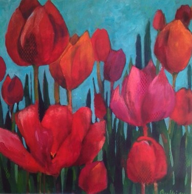 Painting titled "Tulipes" by Florence Oulhiou, Original Artwork, Acrylic Mounted on Wood Stretcher frame