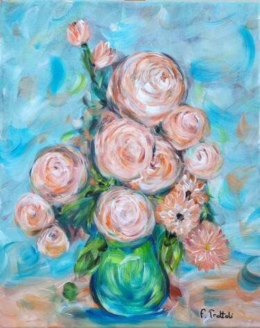 Painting titled "Roses" by Florence Trottoli, Original Artwork, Acrylic Mounted on Wood Stretcher frame