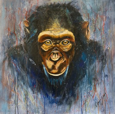 Painting titled "Monkey" by Florence Yangui, Original Artwork, Oil Mounted on Wood Stretcher frame