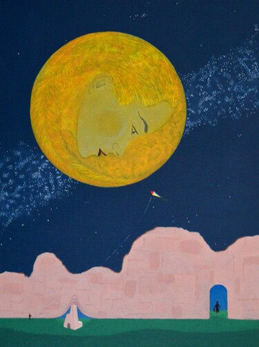 「Luna llena」というタイトルの絵画 Fouad Kortobi Francésによって, オリジナルのアートワーク, アクリル 段ボールにマウント