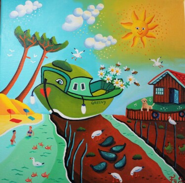 Malarstwo zatytułowany „Greeny attend la ma…” autorstwa Fouschy, Oryginalna praca, Olej Zamontowany na Drewniana rama noszy