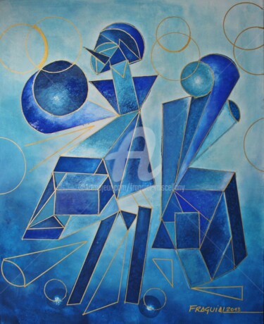 Painting titled "LINE BLUE GOLD-ET" by Fraguial, Original Artwork, Acrylic