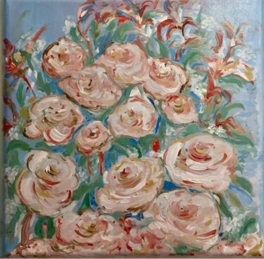 Painting titled "Danza di peonie" by Francesca Paola Draetta, Original Artwork, Oil Mounted on Wood Stretcher frame