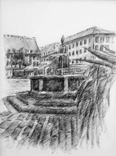 Drawing titled "Piazza del mercato…" by Francesco Cagnato, Original Artwork, Ballpoint pen Mounted on Cardboard