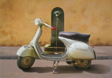 Painting titled "VESPA CON TORETTO" by Francesco Capello, Original Artwork, Oil Mounted on Wood Stretcher frame