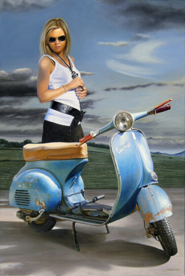 Peinture intitulée "Scampagnata in vespa" par Francesco Capello, Œuvre d'art originale, Huile Monté sur Châssis en bois