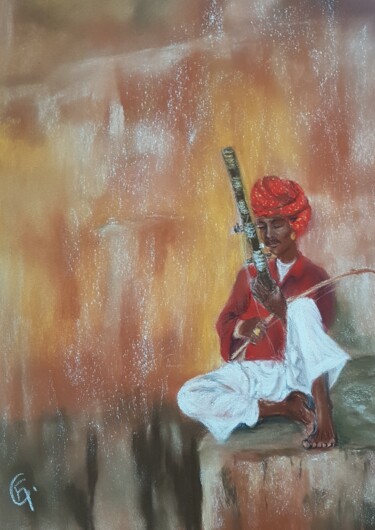 Drawing titled "L’aura du sarangi" by Francette Guittard, Original Artwork, Pastel Mounted on Cardboard