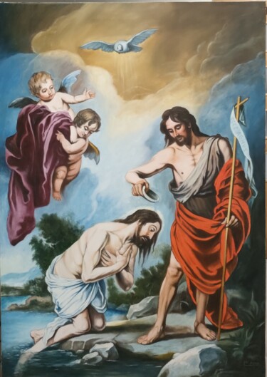 Painting titled "Bautismo de Jesús" by Francisco F, Original Artwork, Oil Mounted on Wood Stretcher frame