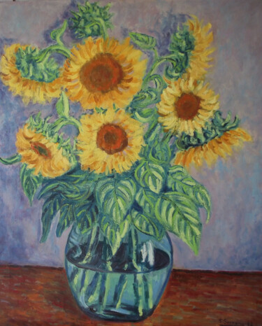 Pintura titulada "JARRON CON GIRASOLES" por Francisco Serrano Gutierrez, Obra de arte original, Oleo Montado en Bastidor de…