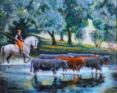 Pintura titulada "CRUZANDO EL RIO" por Francisco Serrano Gutierrez, Obra de arte original, Acrílico Montado en Bastidor de c…