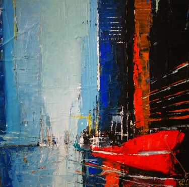 Painting titled "cote docks 3" by Francis L'Huillier, Original Artwork, Oil Mounted on Wood Stretcher frame