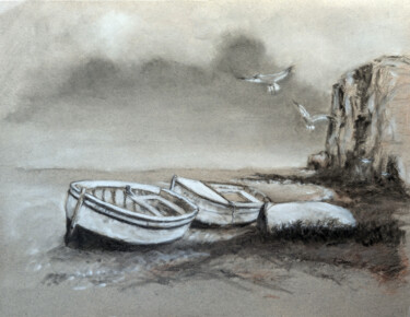 Drawing titled "Bateaux sur côte" by Franck Sanz, Original Artwork, Charcoal