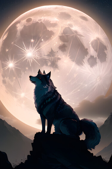 Digital Arts titled "Loup devant la Lune" by Francky Xv Wolff, Original Artwork, AI generated image