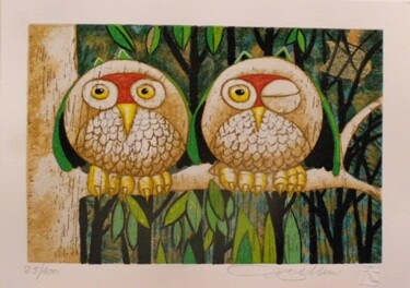 제목이 "little owls on the…"인 미술작품 Franco Anselmi로, 원작, 기름