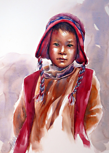 Peinture intitulée "enfant-tibet.jpg" par François Lanvin, Œuvre d'art originale, Aquarelle