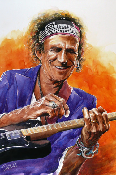 Peinture intitulée "keith-richards-guit…" par François Lanvin, Œuvre d'art originale, Aquarelle