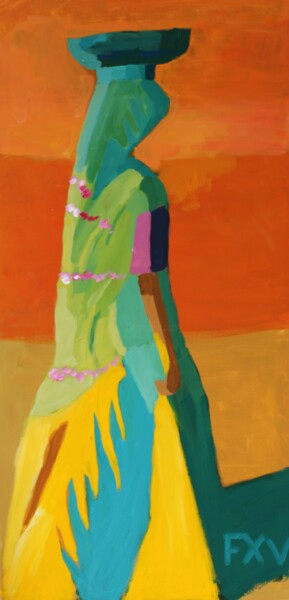 Painting titled "India working girl 1" by Francois Xavier Vaudeleau, Original Artwork, Acrylic Mounted on Wood Stretcher fra…