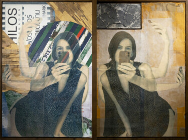 Collages getiteld "Now i see me !" door François Cambe, Origineel Kunstwerk, Collages Gemonteerd op Frame voor houten branca…