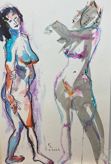 Pintura intitulada "Deux femmes" por Francoise Leblanc, Obras de arte originais, Aquarela