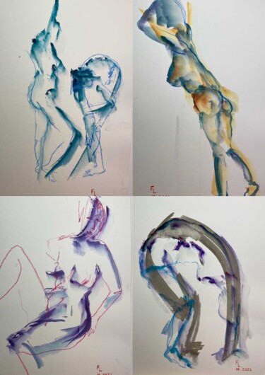 Drawing titled "4 DESSINS FEMMES JE…" by Francoise Leblanc, Original Artwork, Watercolor