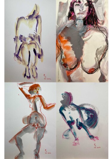 Desenho intitulada "4 DESSINS FEMMES JE…" por Francoise Leblanc, Obras de arte originais, Aquarela