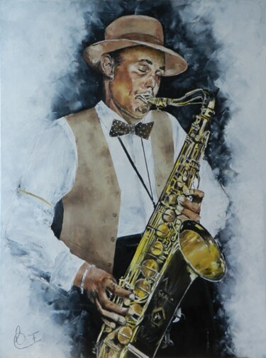 Painting titled "Dexter Gordon (1)" by Francoise Souriau, Original Artwork, Oil Mounted on Wood Stretcher frame