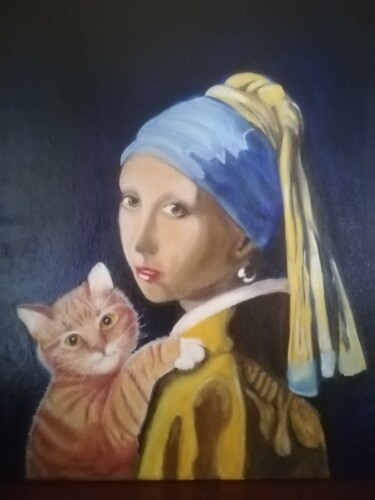 Schilderij getiteld "Jeune fille au chat" door Françoise Tsoukas, Origineel Kunstwerk, Olie
